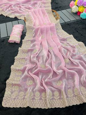 Baby pink satin embroidered saree with sequins work 2