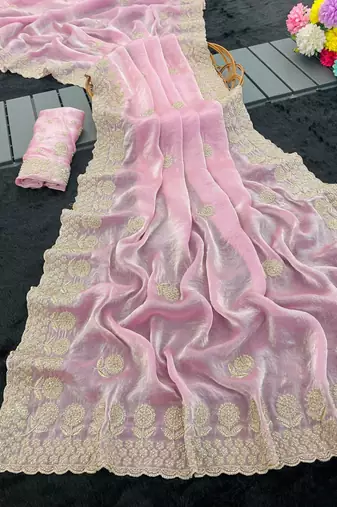 Baby pink satin embroidered saree with sequins work