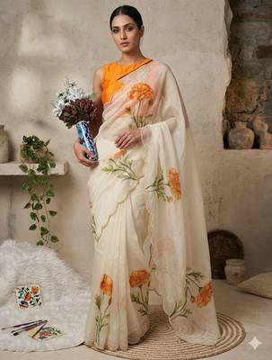 Cream silk blend printed saree with floral print 1