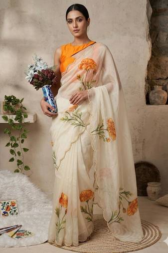 Cream silk blend printed saree with floral print