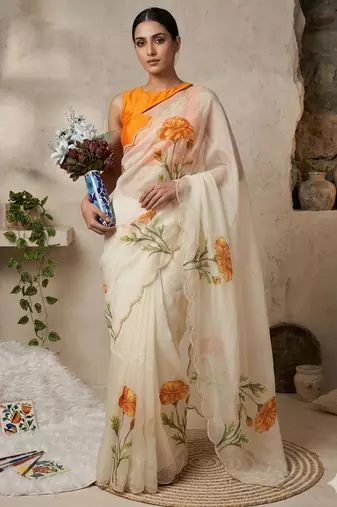 Cream silk blend printed saree with floral print