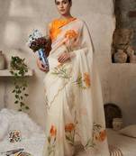 Cream silk blend printed saree with floral print
