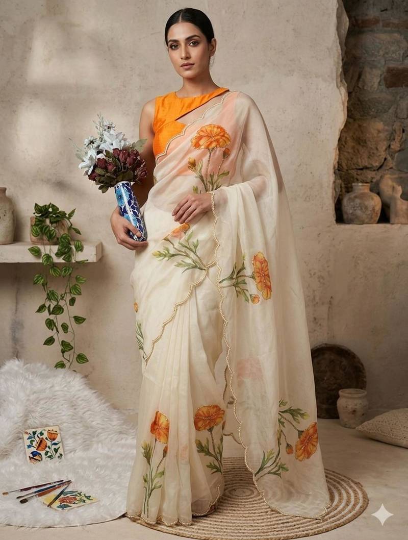 Cream silk blend printed saree with floral print