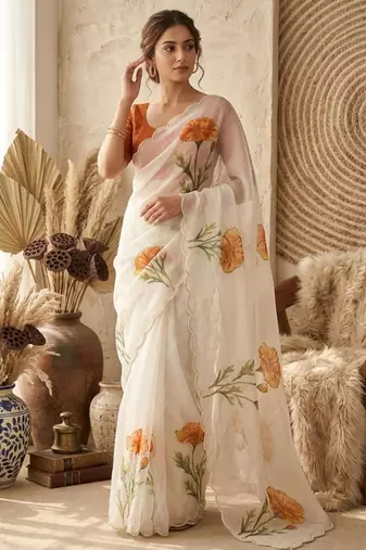 Cream silk blend printed saree with floral print