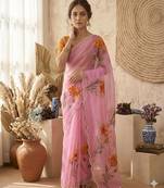 Pink silk blend printed saree with floral print