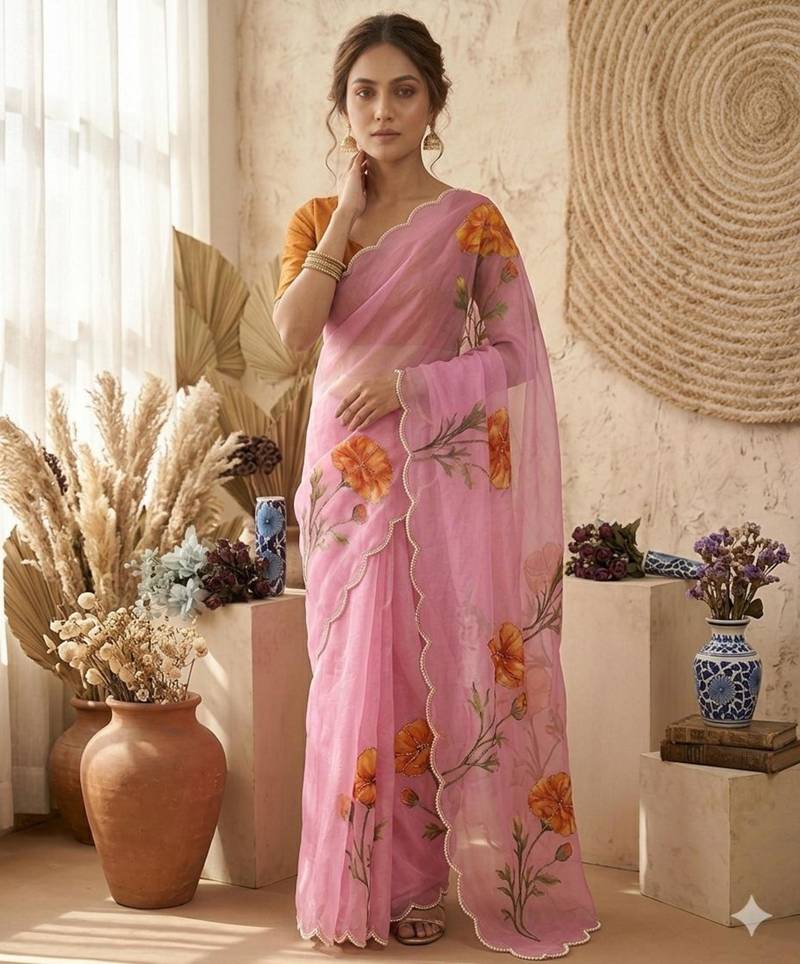 Pink silk blend printed saree with floral print