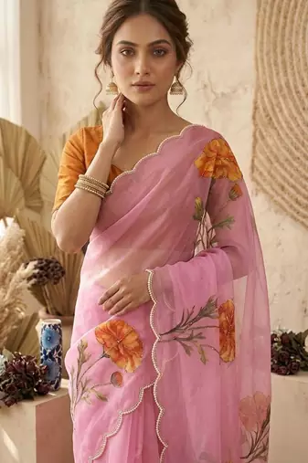 Pink silk blend printed saree with floral print
