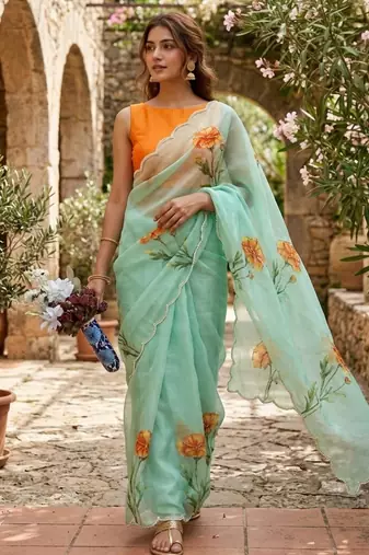 Sea green silk blend printed saree with floral print
