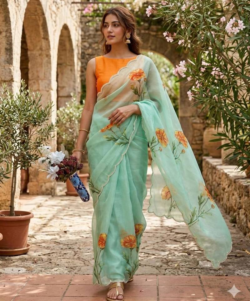 Sea green silk blend printed saree with floral print