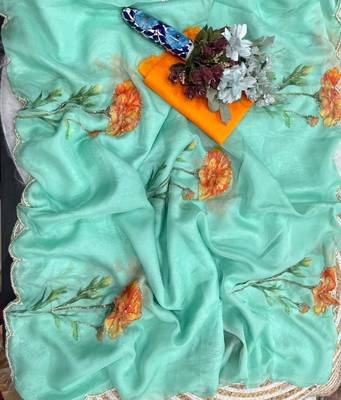 Sea green silk blend printed saree with floral print 3