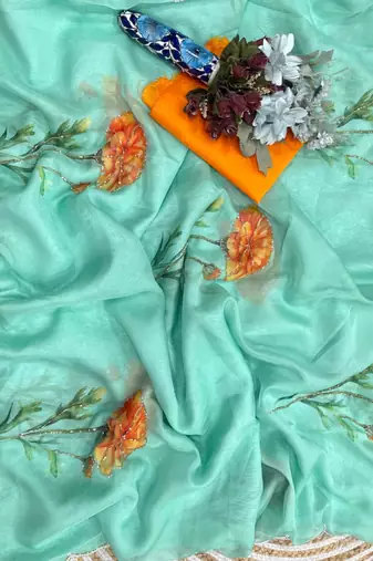 Sea green silk blend printed saree with floral print