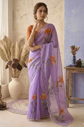 Sea green silk blend printed saree with floral print