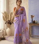 Sea green silk blend printed saree with floral print