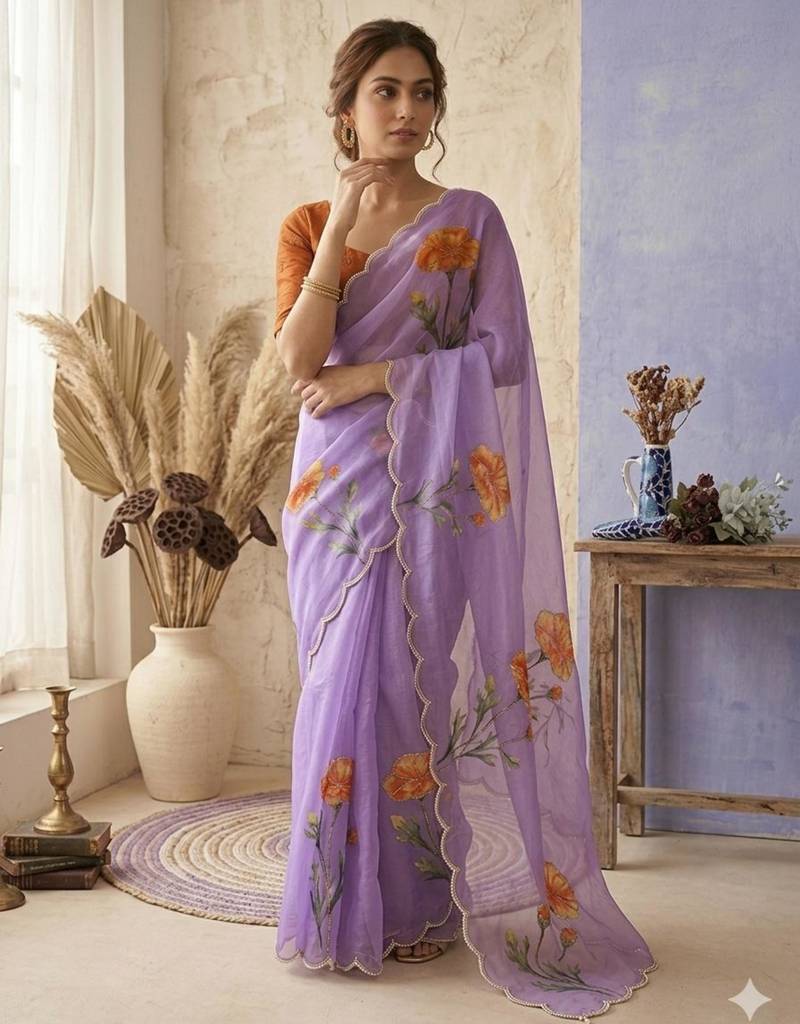 Sea green silk blend printed saree with floral print