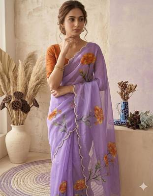 Sea green silk blend printed saree with floral print 2