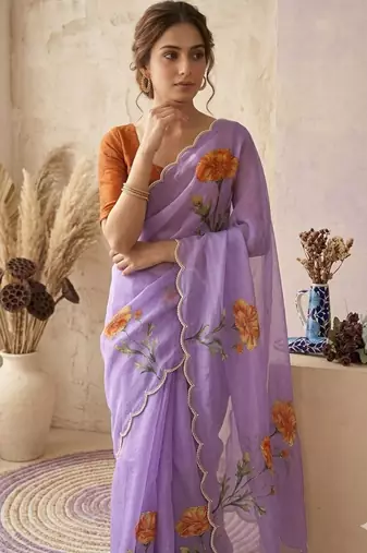 Sea green silk blend printed saree with floral print