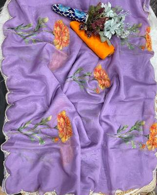 Sea green silk blend printed saree with floral print 3