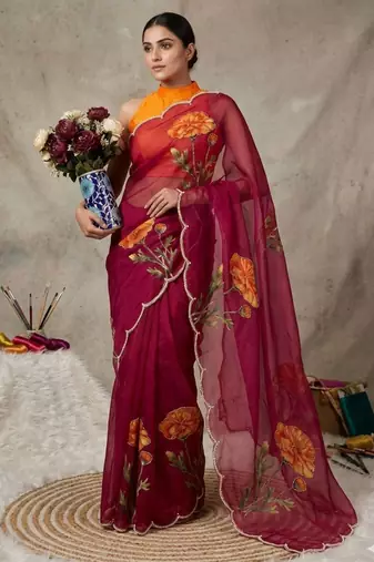 Magenta silk blend printed saree with floral print