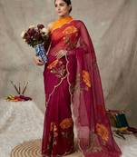 Magenta silk blend printed saree with floral print