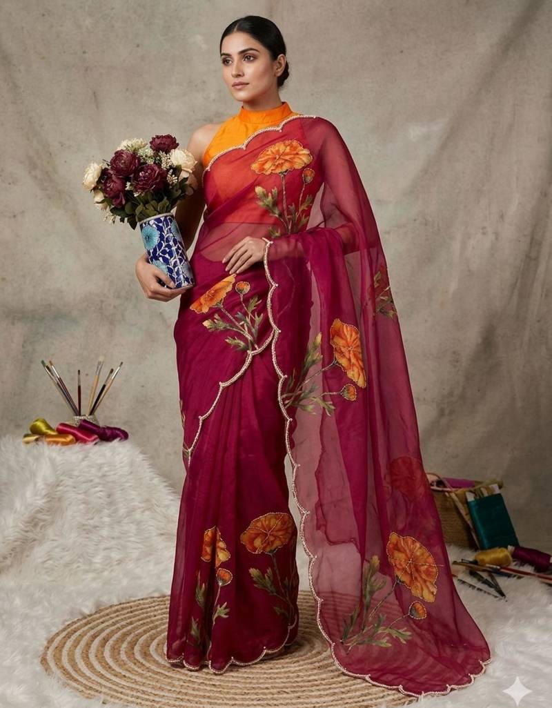 Magenta silk blend printed saree with floral print