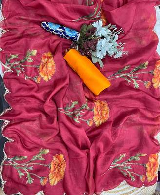 Magenta silk blend printed saree with floral print 2