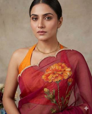 Magenta silk blend printed saree with floral print 3