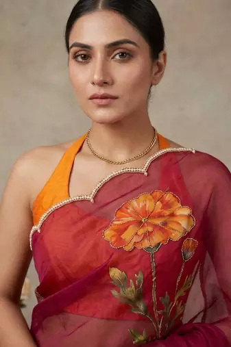 Magenta silk blend printed saree with floral print