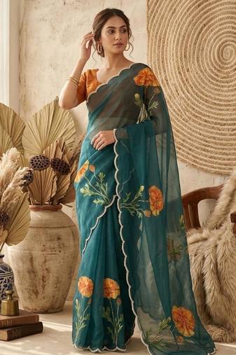 Teal silk blend printed saree with floral print