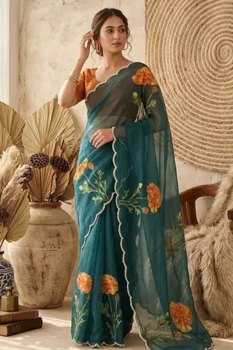 Teal silk blend printed saree with floral print