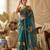 Teal silk blend printed saree with floral print