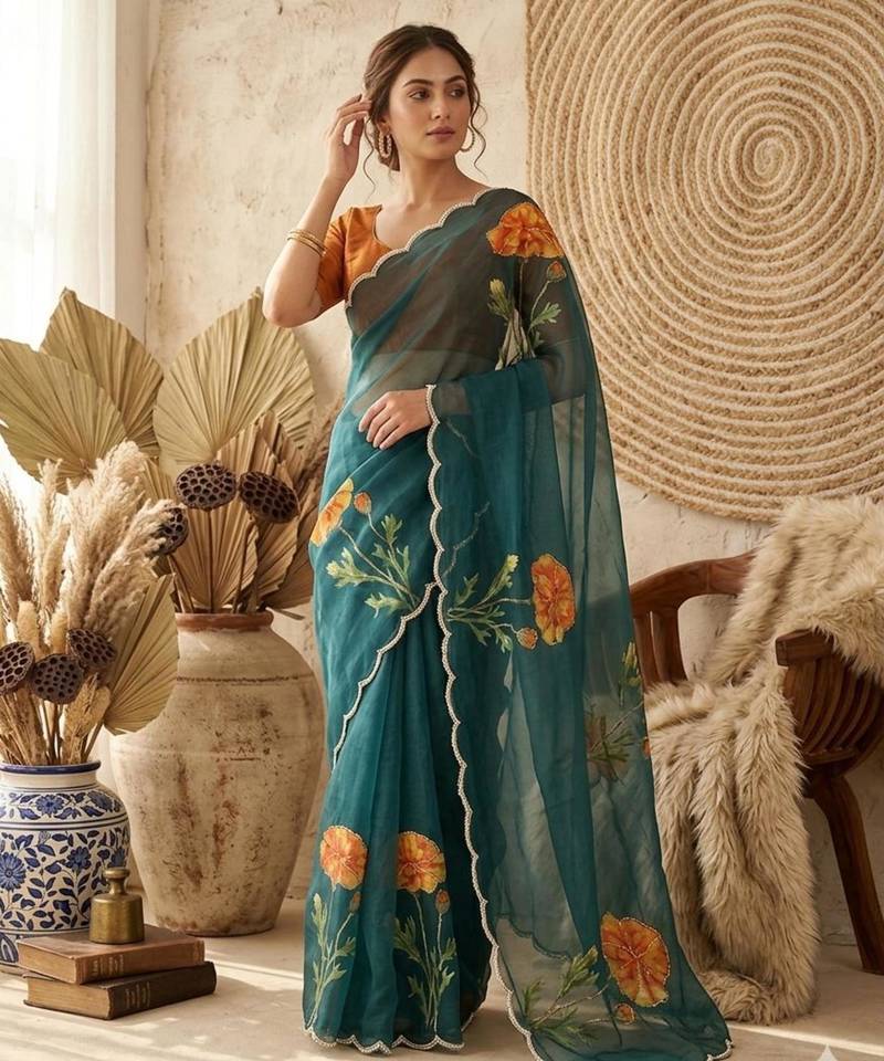 Teal silk blend printed saree with floral print