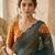 Teal silk blend printed saree with floral print