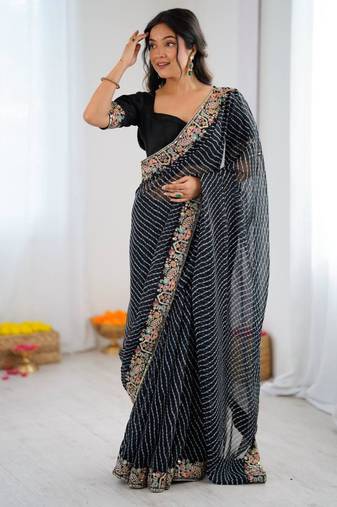 Black georgette printed saree with stripes print