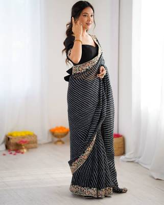 Black georgette printed saree with stripes print 2