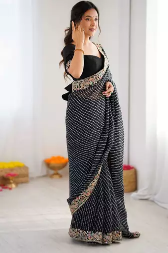 Black georgette printed saree with stripes print