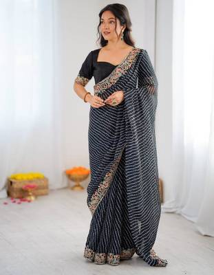 Black georgette printed saree with stripes print 4