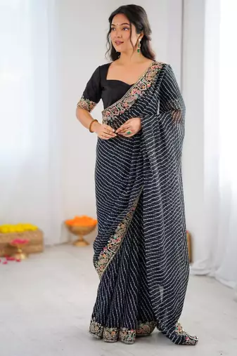 Black georgette printed saree with stripes print