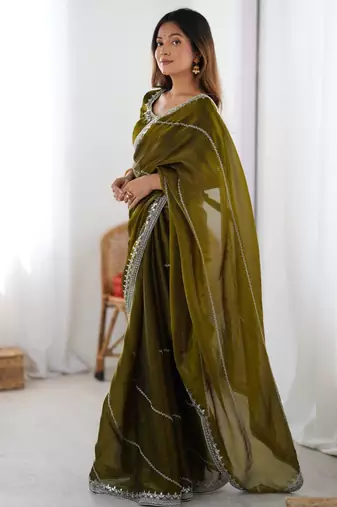 Olive silk blend embroidered saree with sequins work