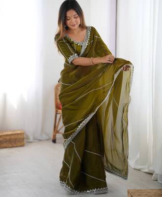 Olive silk blend embroidered saree with sequins work 3