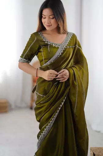 Olive silk blend embroidered saree with sequins work