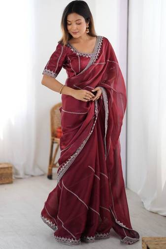 Maroon silk blend embroidered saree with sequins work
