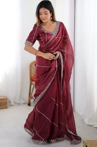 Maroon silk blend embroidered saree with sequins work