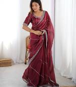 Maroon silk blend embroidered saree with sequins work