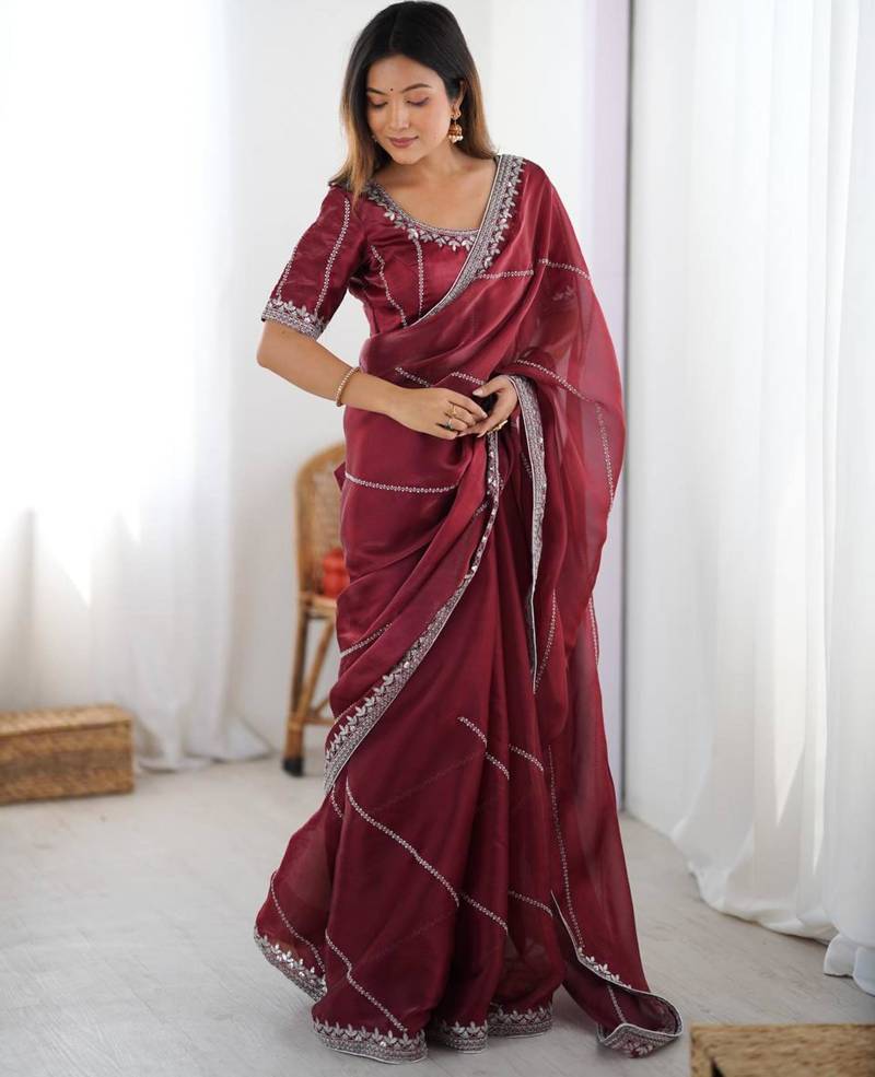 Maroon silk blend embroidered saree with sequins work