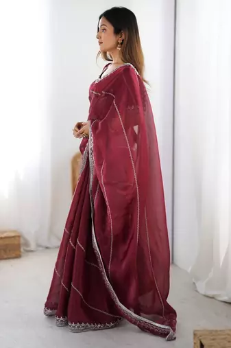 Maroon silk blend embroidered saree with sequins work