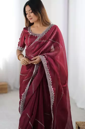 Maroon silk blend embroidered saree with sequins work