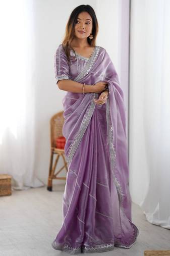 Lavender silk blend embroidered saree with sequins work