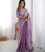 Lavender silk blend embroidered saree with sequins work