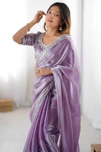 Lavender silk blend embroidered saree with sequins work