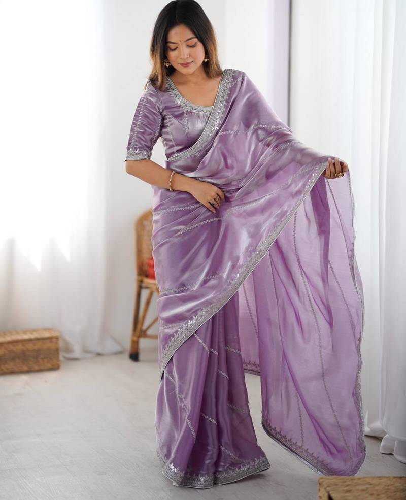 Lavender silk blend embroidered saree with sequins work